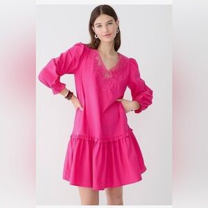 J Crew Vibrant Pink Dress  V neck with eyelet trim Size XXS